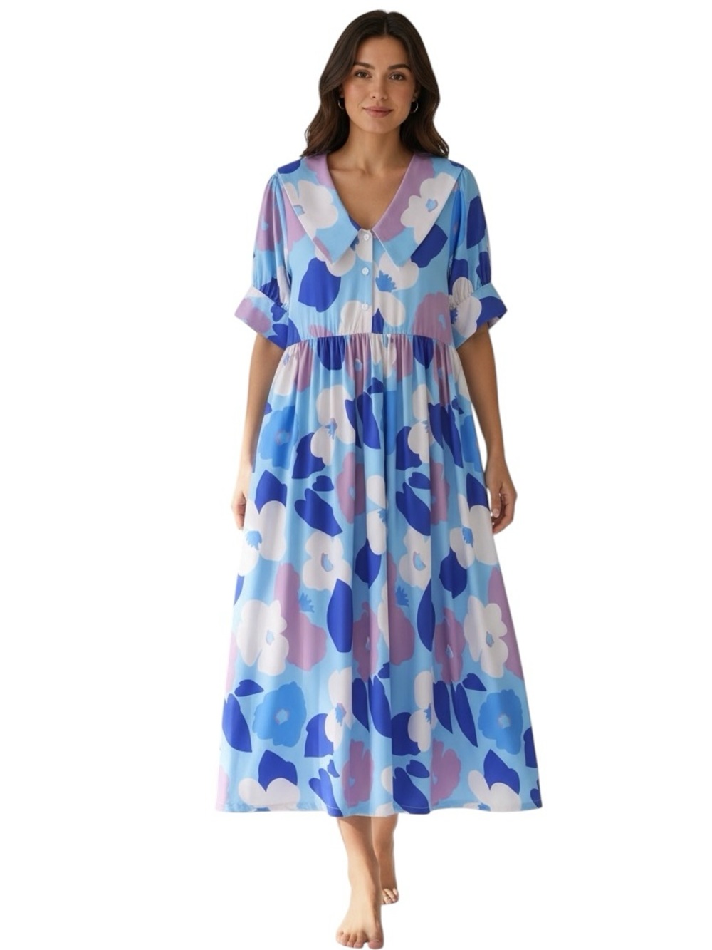 KEOMUD Floral V-Neck Midi Dress Blue & Lavender Large
